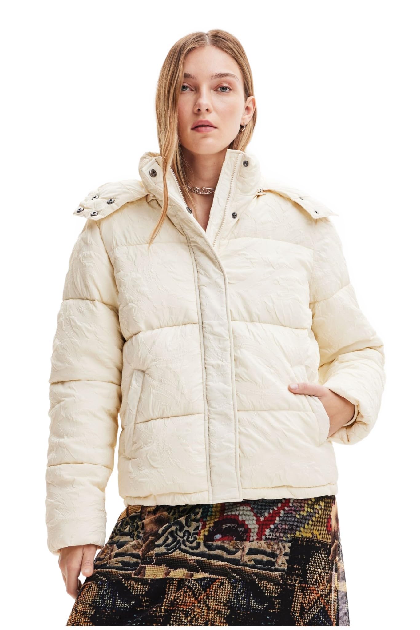 Desigual Women's Calgary Woman Woven Padded Short Overcoat, White, XL