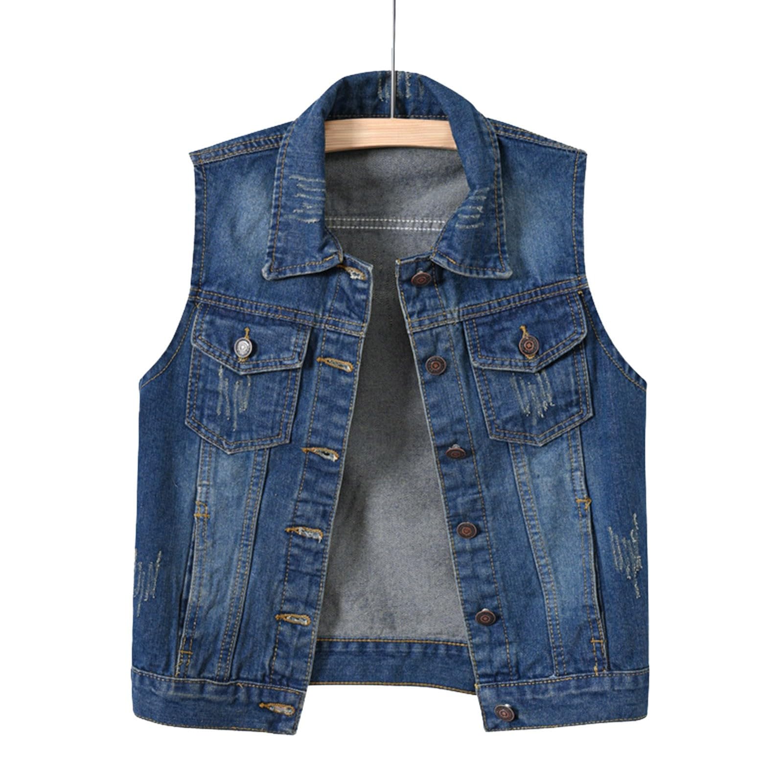 Chaleco vaquero sin mangas para mujer, chaqueta vaquera para otoño e invierno, efecto de lavado, botón hacia abajo, chaleco azul oscuro, chaqueta vaquera, chaqueta vaquera, chaqueta vaquera,