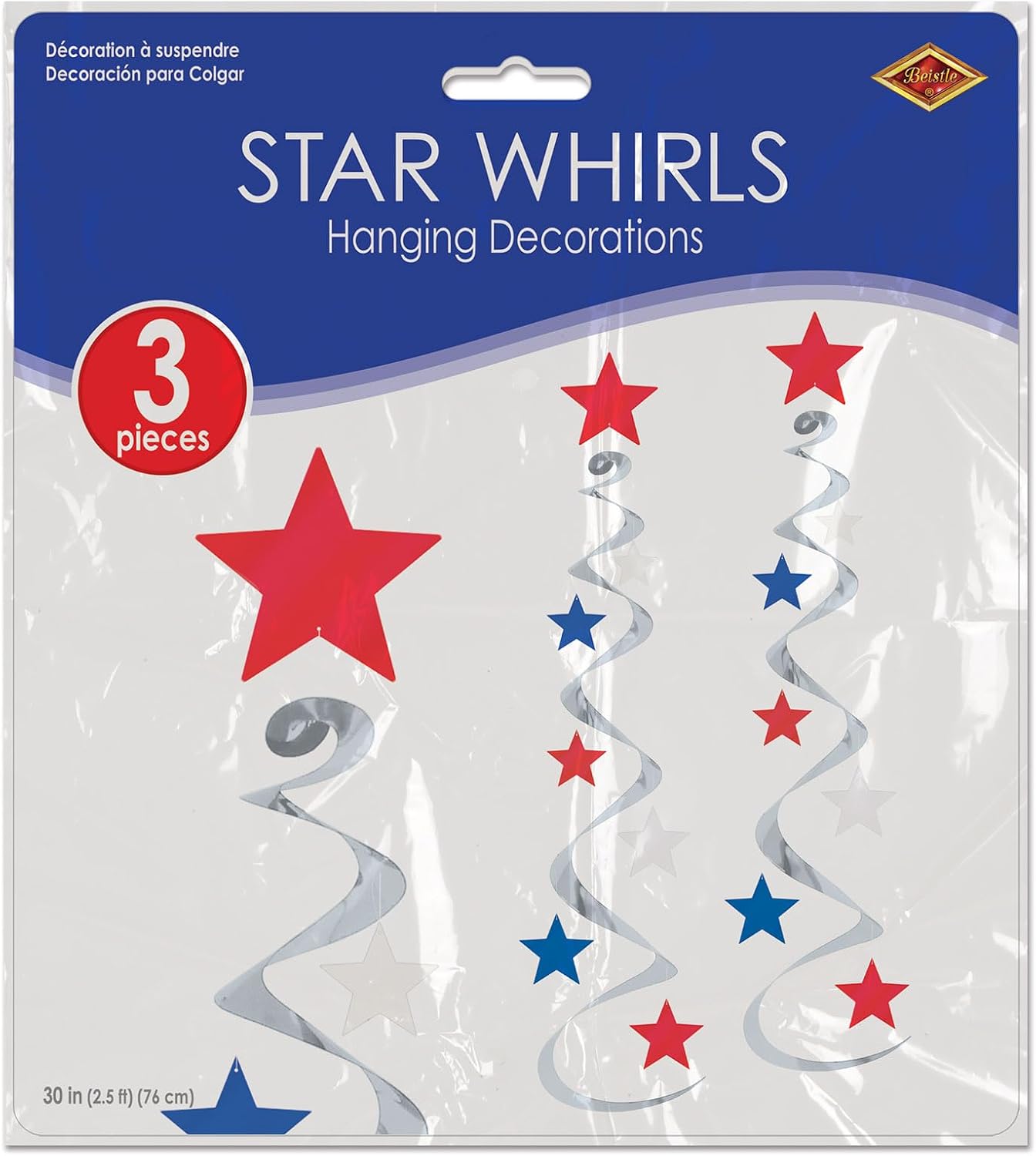Beistle Red, Silver & Blue Star Whirls, Hanging Patriotic Decorations, USA Party Supplies, Fourth of July, Memorial Day & Themed Holiday Decor