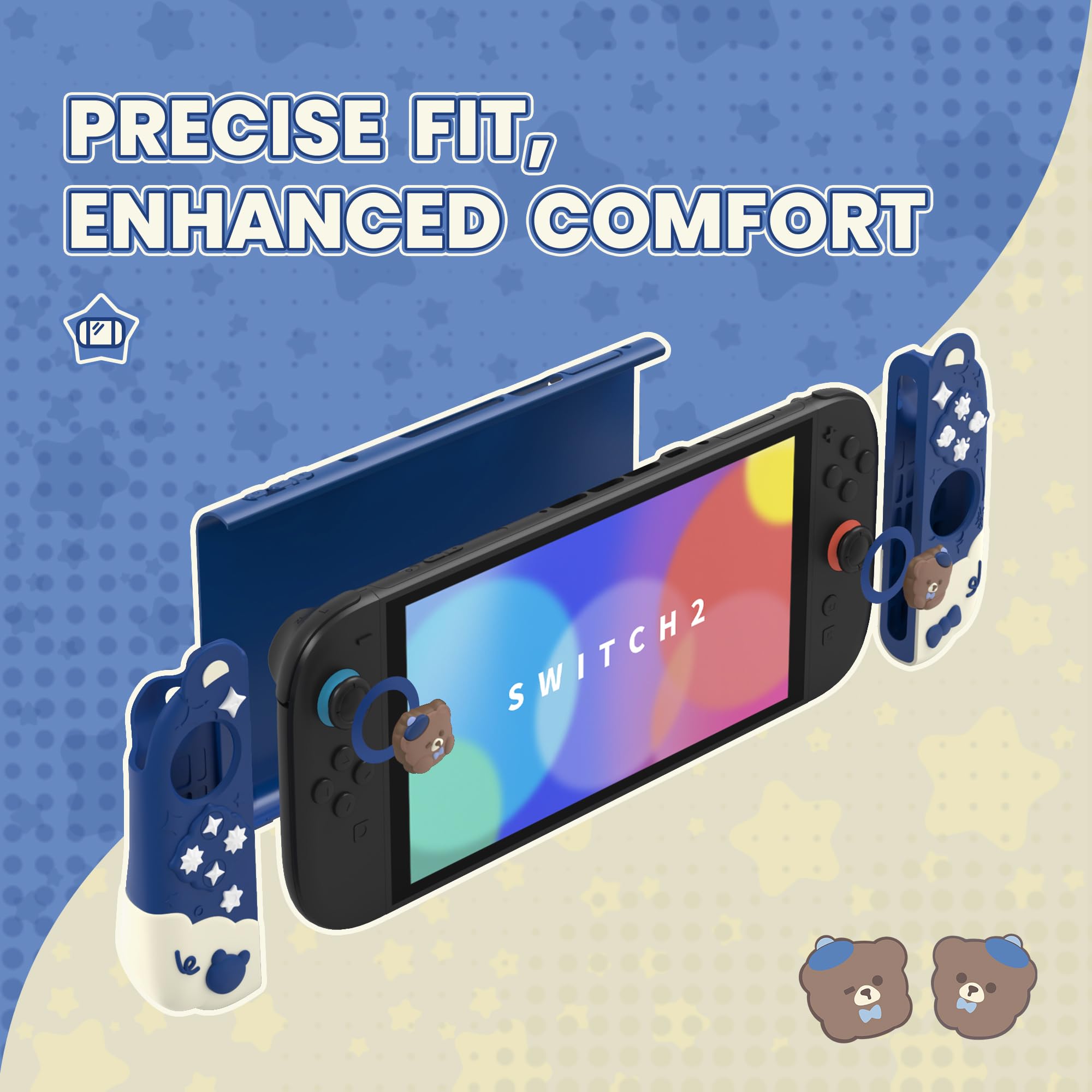 PlayVital Schutzhülle für Nintendo Switch 2, abnehmbare Hülle dockable niedliche Silikon-Griphülle für Switch 2 mit stoßfester Rückabdeckung, Joystick Kappen, Ständer(Good Night Bear-Mitternachtsblau)