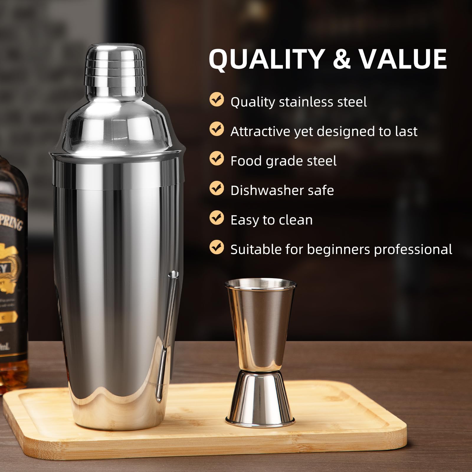 Cinnani Shaker Cocktail Set Professionale con Supporto,15 pezzi cocktail set kit in Acciaio Inox,Kit Cocktail 750ml,professionale barman set,Cocktail Shaker Set