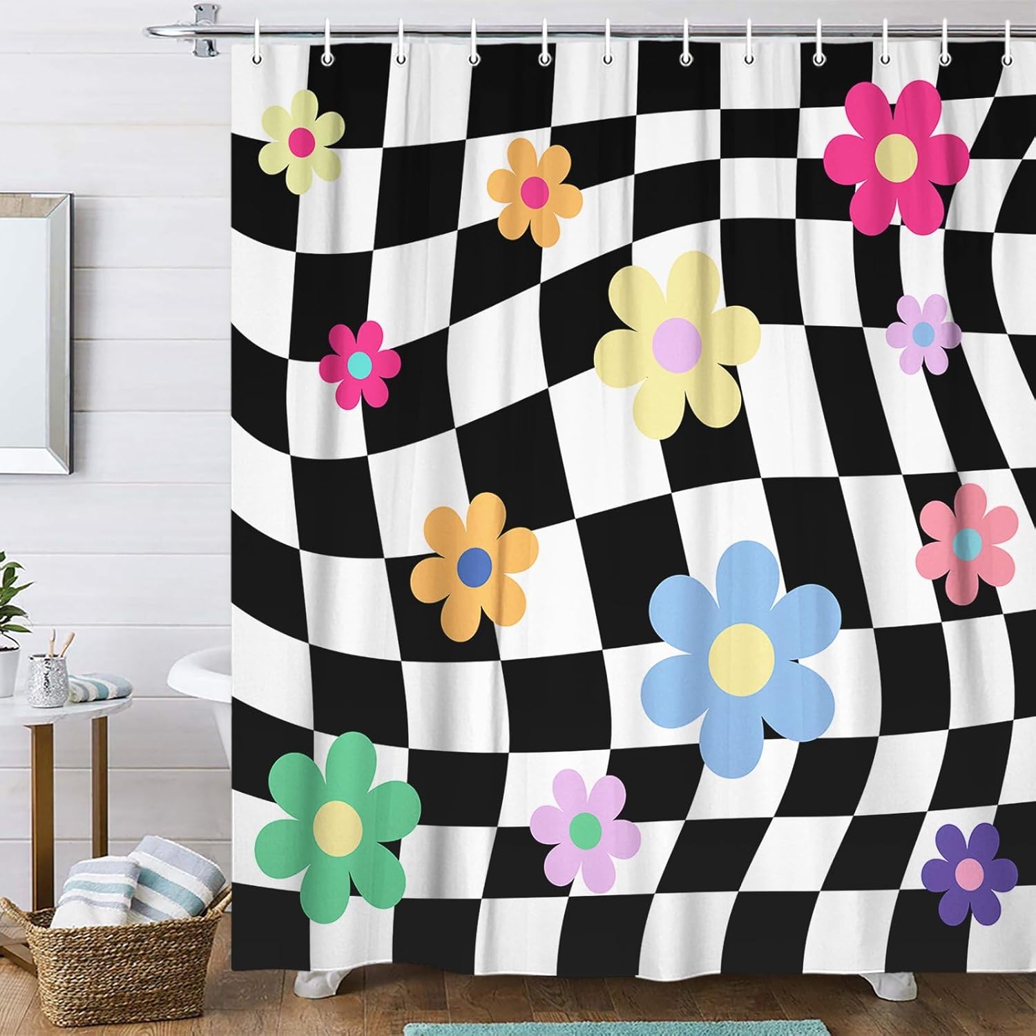 Black and White Groovy 70S Shower Curtain, Cute eclectic Retro Floral Checkered Aesthetic Shower curtain, Fun Funky Modern Hippie Boho Floral Fabric Y2K trendy Shower Curtain with Hooks, 70X75IN