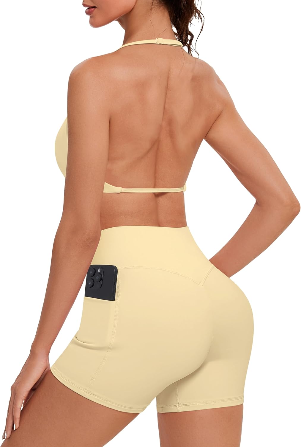 OMKAGI 2 Piece Workout Sets for Women Open Back Strappy Sports Bra Matching Gym Outfits with Pockets