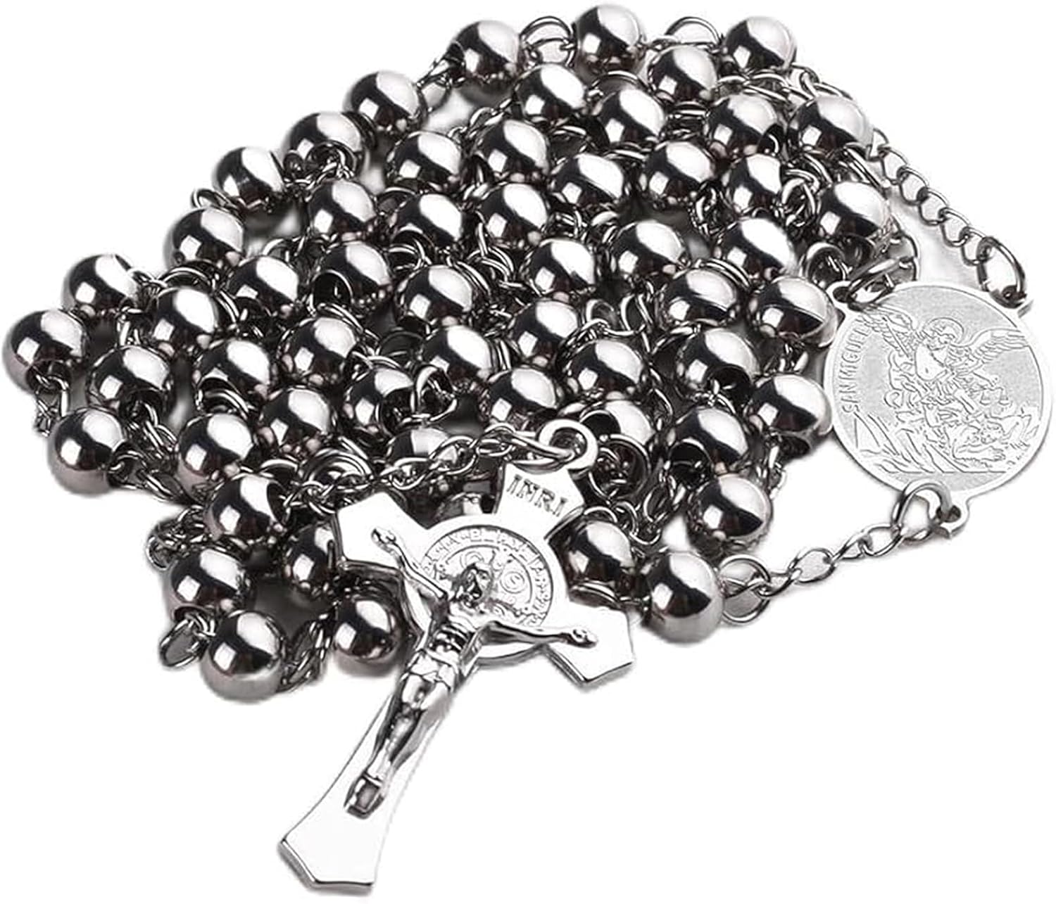 6mm Beads Stainless Steel Saint Benedict and Crucifix Cross Pendant Rosary Necklace with Gift Box