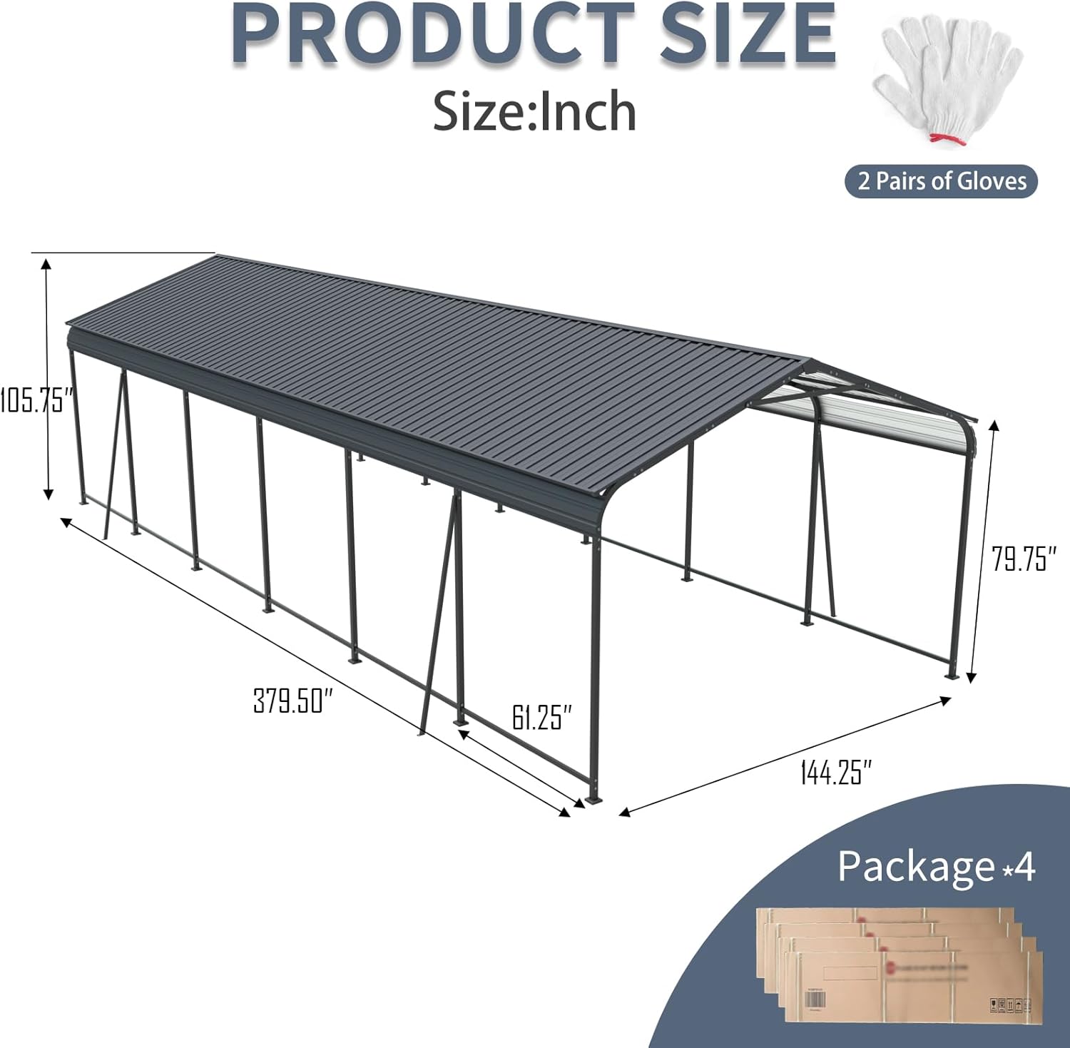12 × 32 FT Carport, Metal Heavy Duty Carport Canopy with Galvanized Steel Roof and Frame, Large Garage with Fixed Inclined Square Tube Supports for Driveway Car, Truck Black