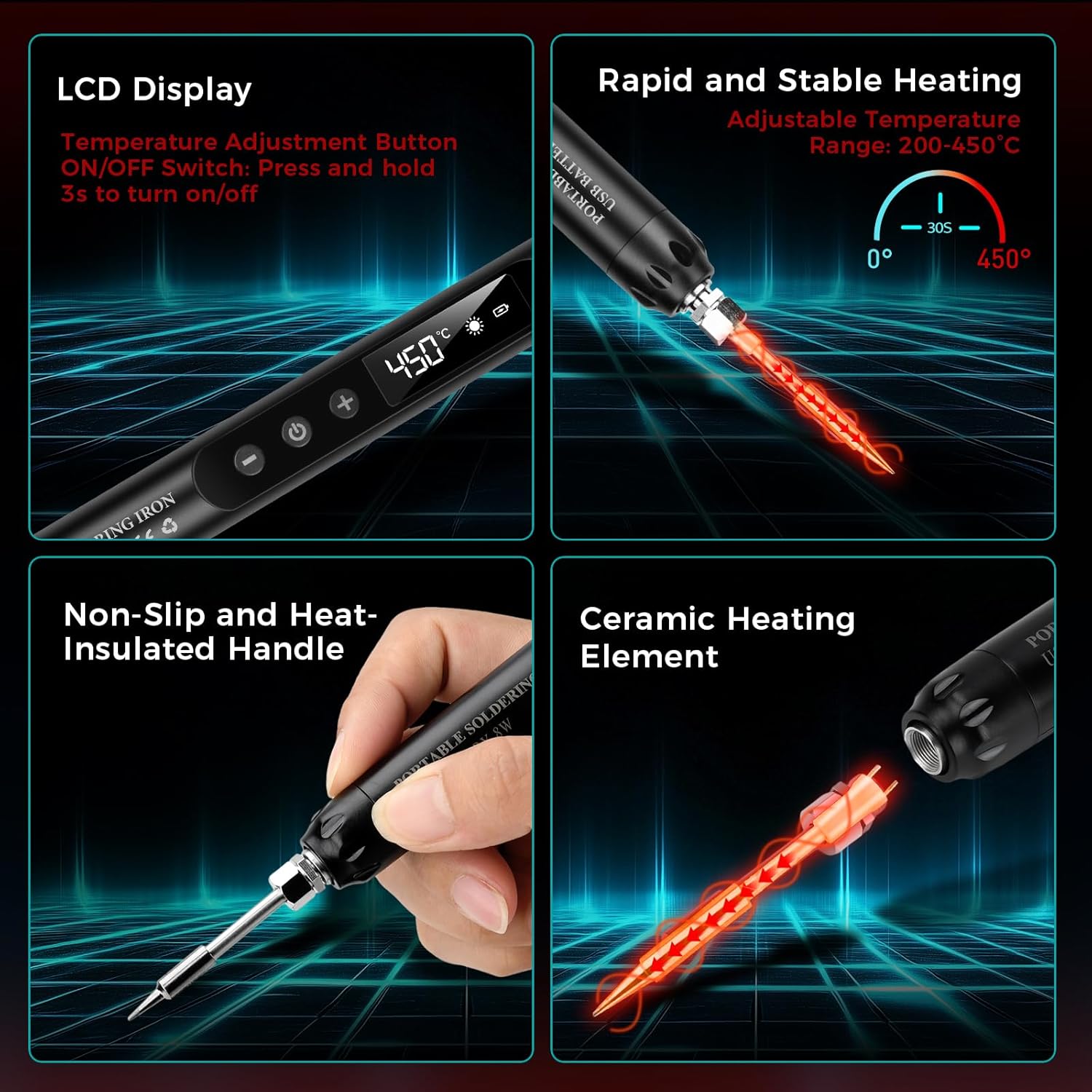 Voktta USB Rechargeable Soldering Iron with LCD display, showing features like rapid heating, non-slip handle, and ceramic heating element.