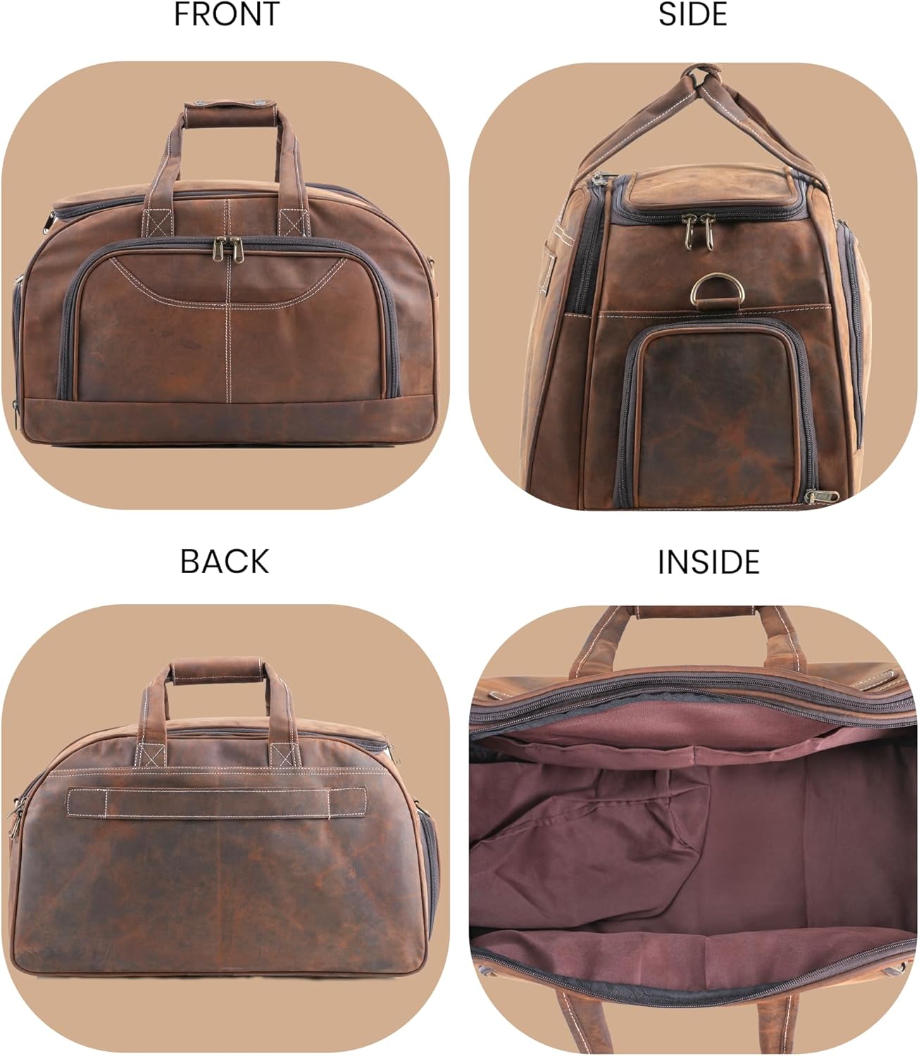 Handmade World Handcrafted Full Grain Buffalo Leather Overnight Bag - The ' Rustic Roamer ' | Versatile Business, 20 Inch carry on Weekender, Sports, and Travel Luggage Duffle | Gym-Ready Bag