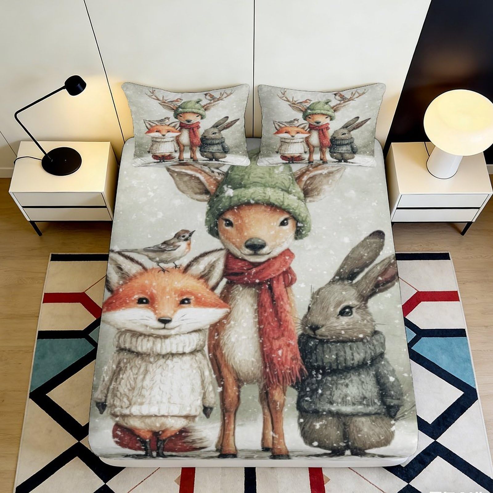 3D Printed Winter Animal Fitted Sheet Microfiber Soft Warm Fox Deer Rabbit Bed Sheet for Bedroom Dormitory Guest Room Mattress Cover Decoration 120x200x25cm