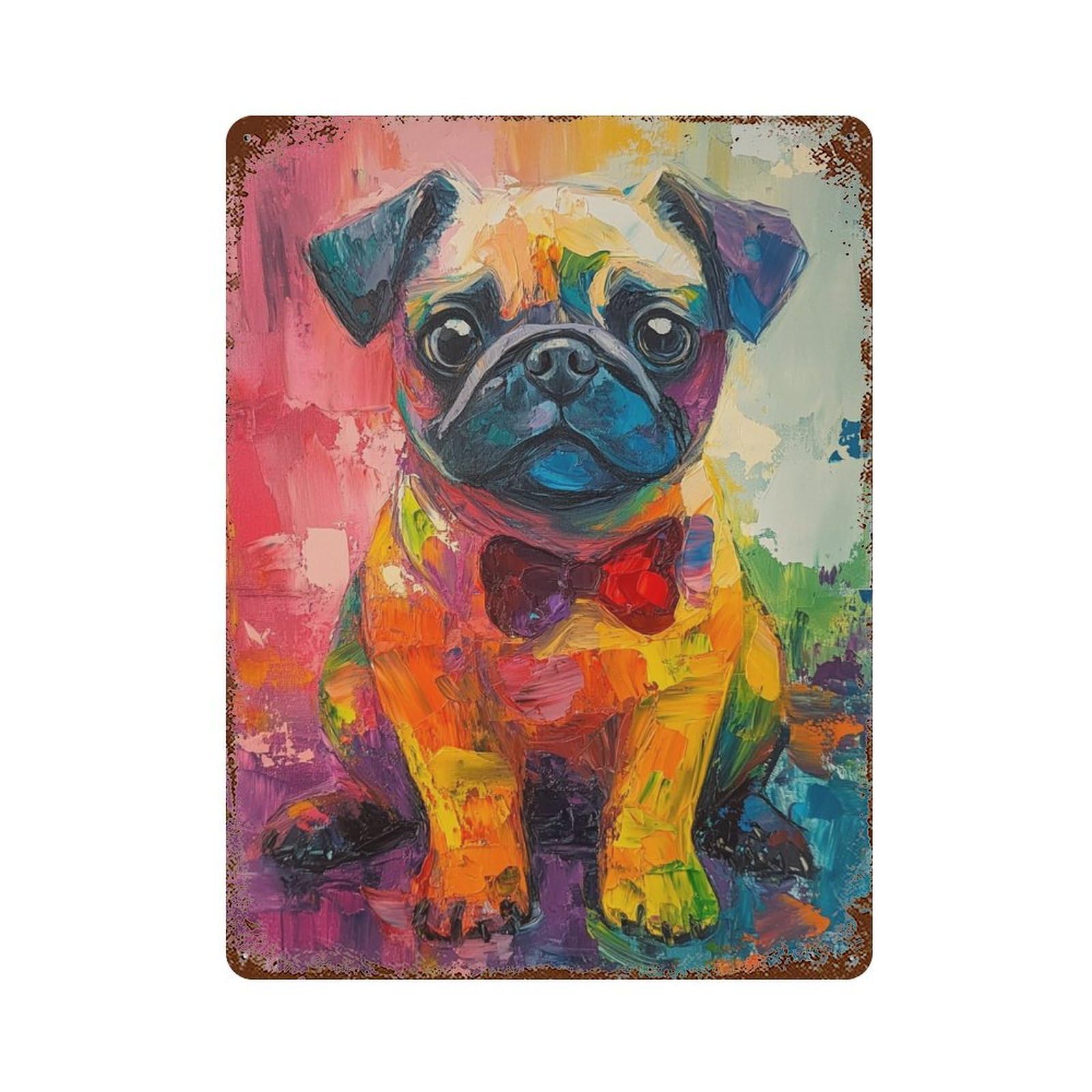 Colorful Pug Art Print-8 Rust Effect Tin Sign 15.7"x11.8", Rustic Home Decor for Cafe, Home Bar And Lounge Decor