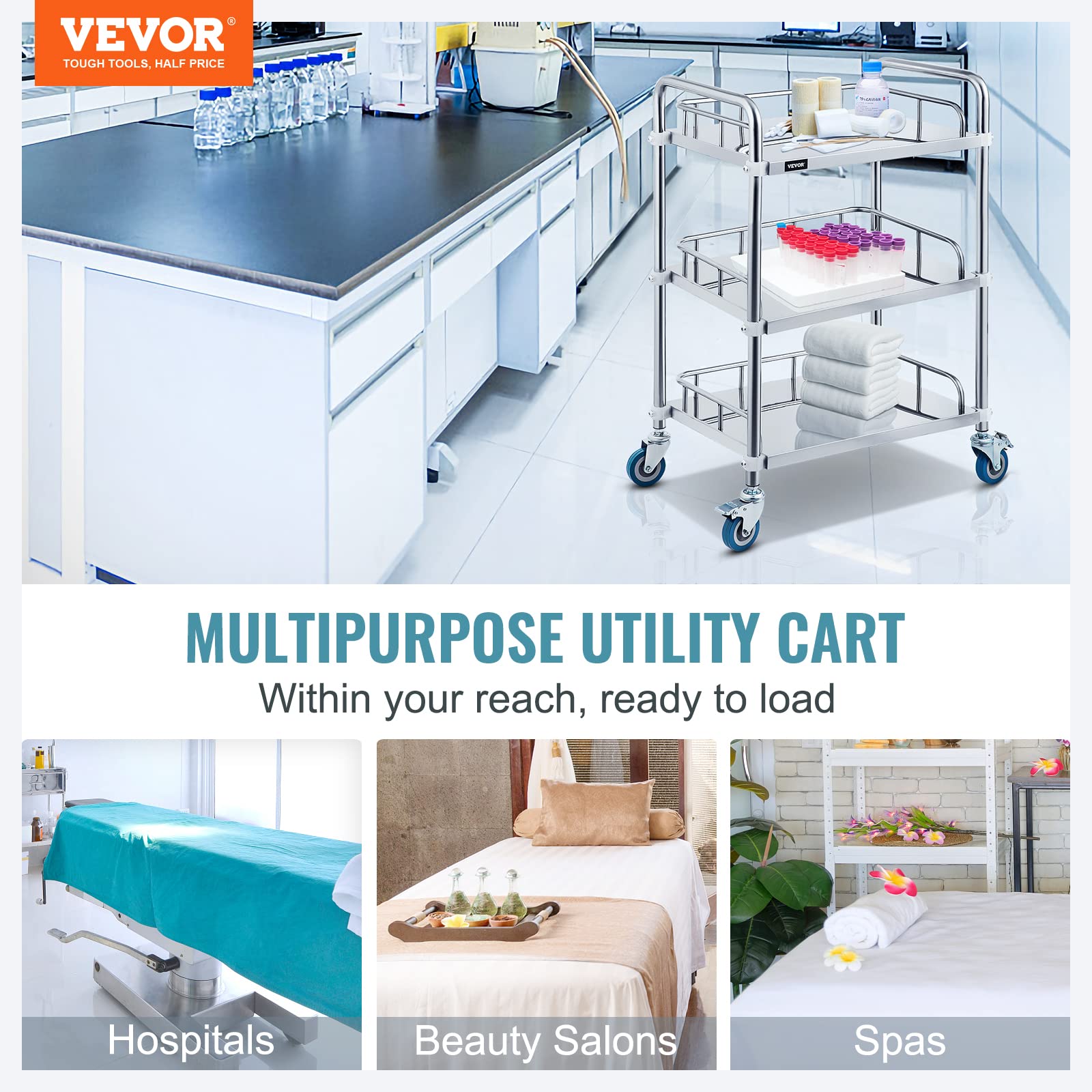 VEVOR Chariot Utilitaire en Acier Inoxydable avec roulettes pour Usage médical et Dentaire 3 Shelves 3 Shelves