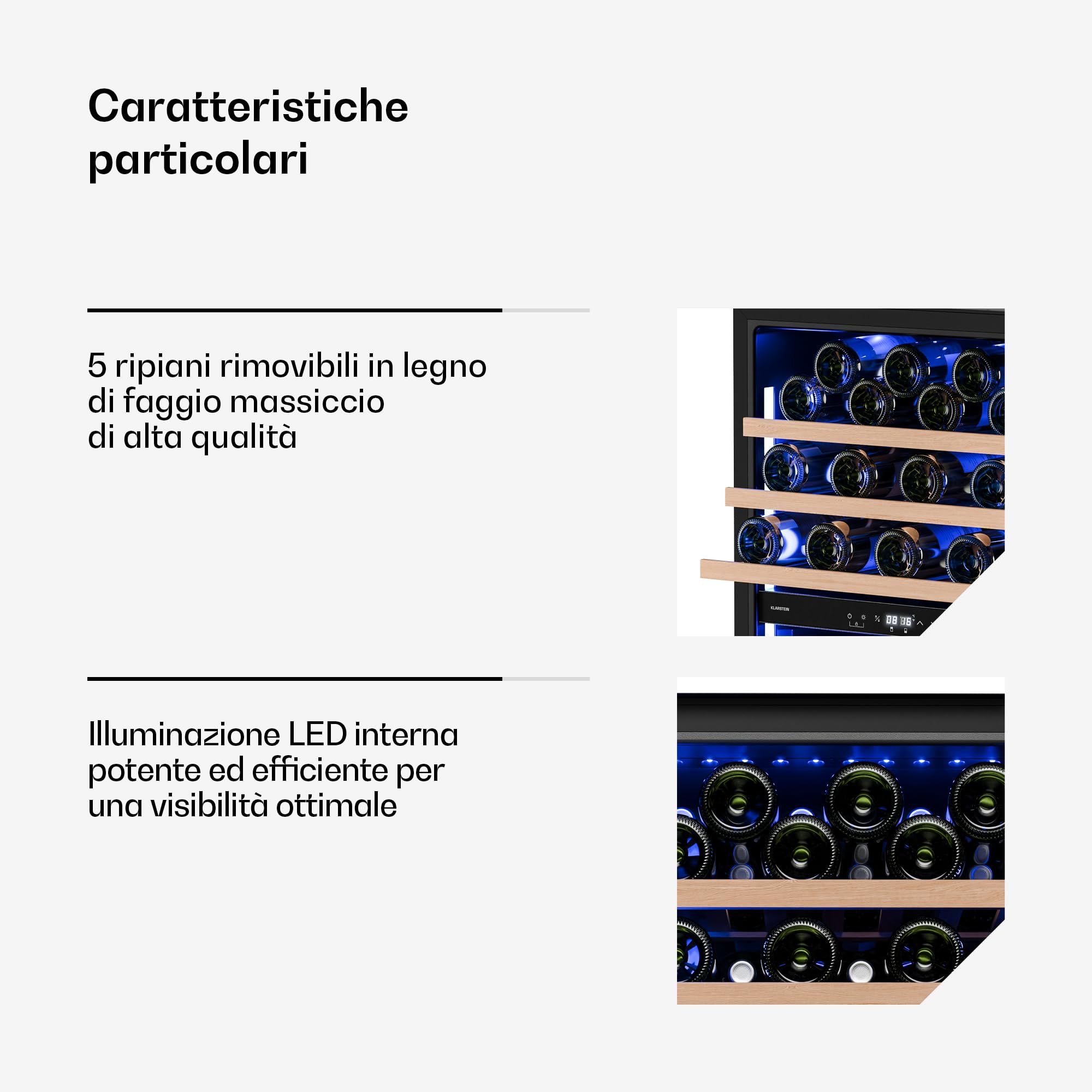 KLARSTEIN Illuminosa Cantinetta Vino da Incasso - 57 Bottiglie, Doppia Zona, 5-22°C, Touch, LED, Ripiani Legno, Porta UV, Silenziosa, Cantina Frigo per Vino