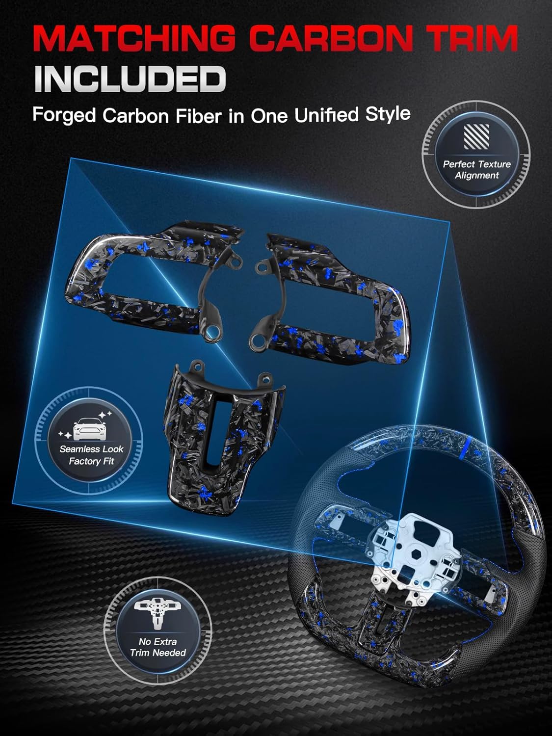Forged Carbon Fiber Steering Wheel or Mustang 2015-2017, Blue Foil Infused, Blue Stitching, D-Shape, Perforated Nappa Leather, Fits for EcoBoost/GT/Base/V6/GT350/GT350R
