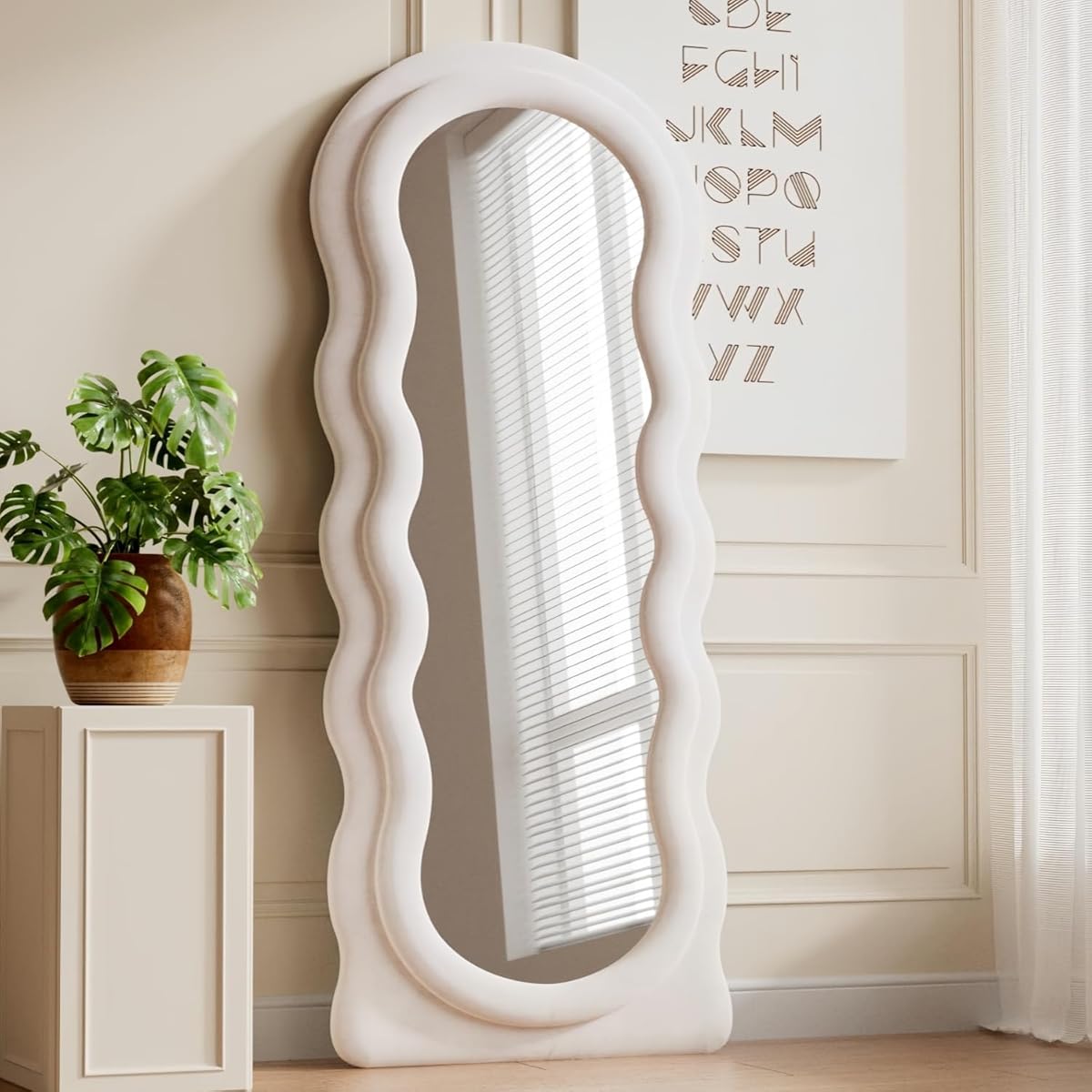 Dewfig Full Length Mirror, 63" x 24"Irregular Wavy Mirror, Large Floor Length Mirrors Wall Mounted, Standing Wavy Mirrors with Flannel Wrapped Wooden Frame for Bedroom/Living Room, White