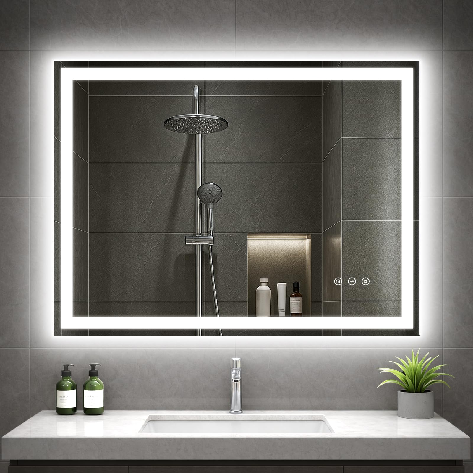 OKYLOR Badezimmerspiegel mit Beleuchtung, 80x60cm LED Spiegel mit Licht, 3 Farben Dimmbar, Antibeschlag, Memory-Funktion, 4mm HD Hartglas, IP44, Horizontal/Vertikal, Alurahmen
