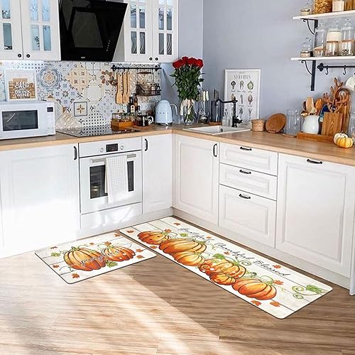 Miniatura 8 de U'Artlines Juego de 2 alfombras de cocina antifatiga con diseño de calabaza, para otoño, fiestas, vintage, granja, cocina, pasillo, antideslizante,