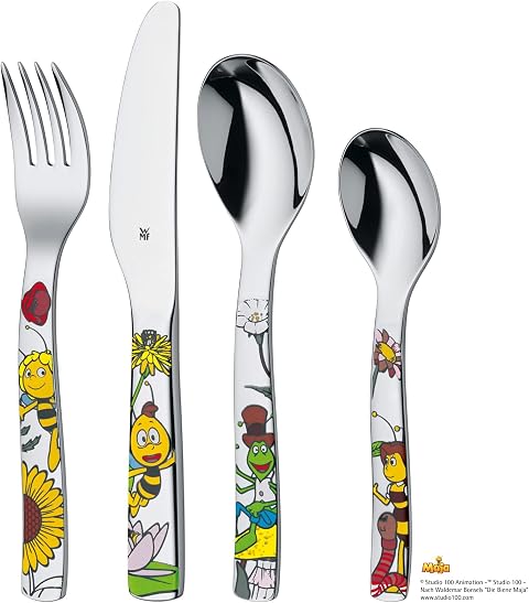 WMF La Abeja Maya - Cubertería para niños 4 piezas (tenedor, cuchillo de mesa, cuchara y cuchara pequeña) WMF Kids infantil Acero Inoxidable Cromargan Apto para lavavajillas