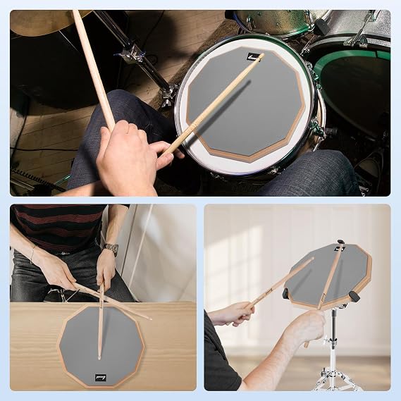 12 Inches Drum Pad and 5A Drum Sticks, Double Sided Snare Drum Practice Pad for Drummers, Silent Practice for Adults and Kids with Storage Bag - Gray