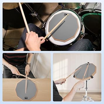 12 Inches Drum Pad and 5A Drum Sticks, Double Sided Snare Drum Practice Pad for Drummers, Silent Practice for Adults and Kids with Storage Bag - Gray