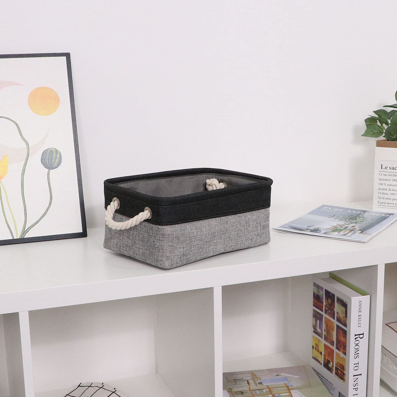 Bidtakay Aufbewahrungskörbe, 6 Stück, klein, Stoff, Leinen, faltbar, 30 x 20 x 12 cm, Organizer-Körbe mit Griffen, dekorative quadratische Körbe für Schrank, Regale, Schrank (schwarz und grau)