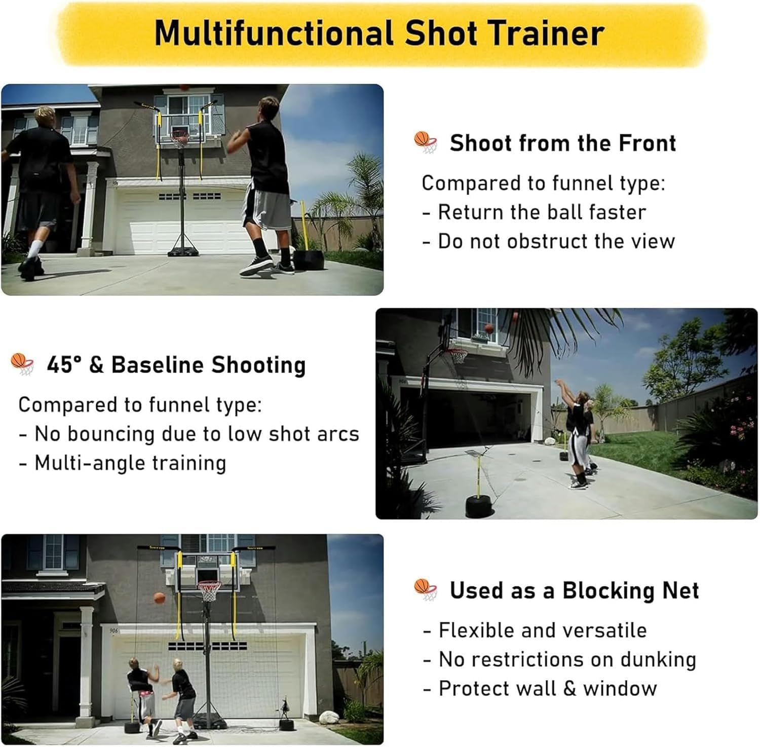 Basketball Practice Network Heavy Duty Ball Shooting Trainer for 3-Point Shots/Jumpers/Free ThrowsLarge Rebounder Basketball Trainer with Net