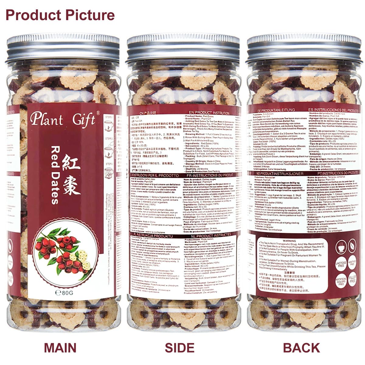 Plant Gift 100% Puro Rodajas de Dátil Rojo 红枣干, 80g/2.82oz | Natural. Sin rellenos, sin aditivos. Dátiles rojos secos, sabor dulce natural. Para infusiones y snacks. Also: Red Dates.
