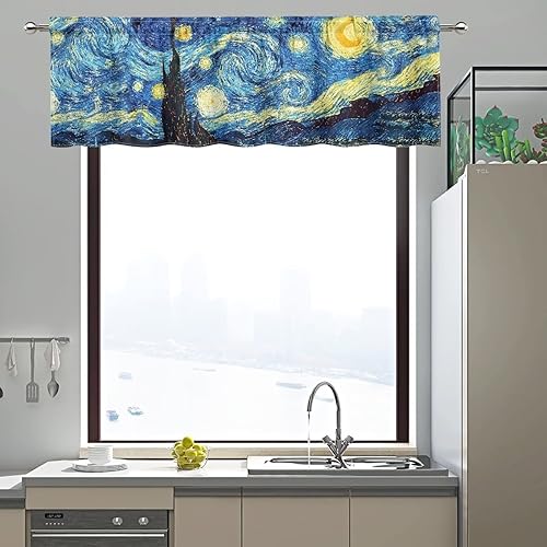 Miniatura 3 de DISNIMO Van Gogh - Cenefas de noche estrellada para ventanas, cenefa de cortina de cocina, 54 x 18 pulgadas, cortinas cortas azules para decoración