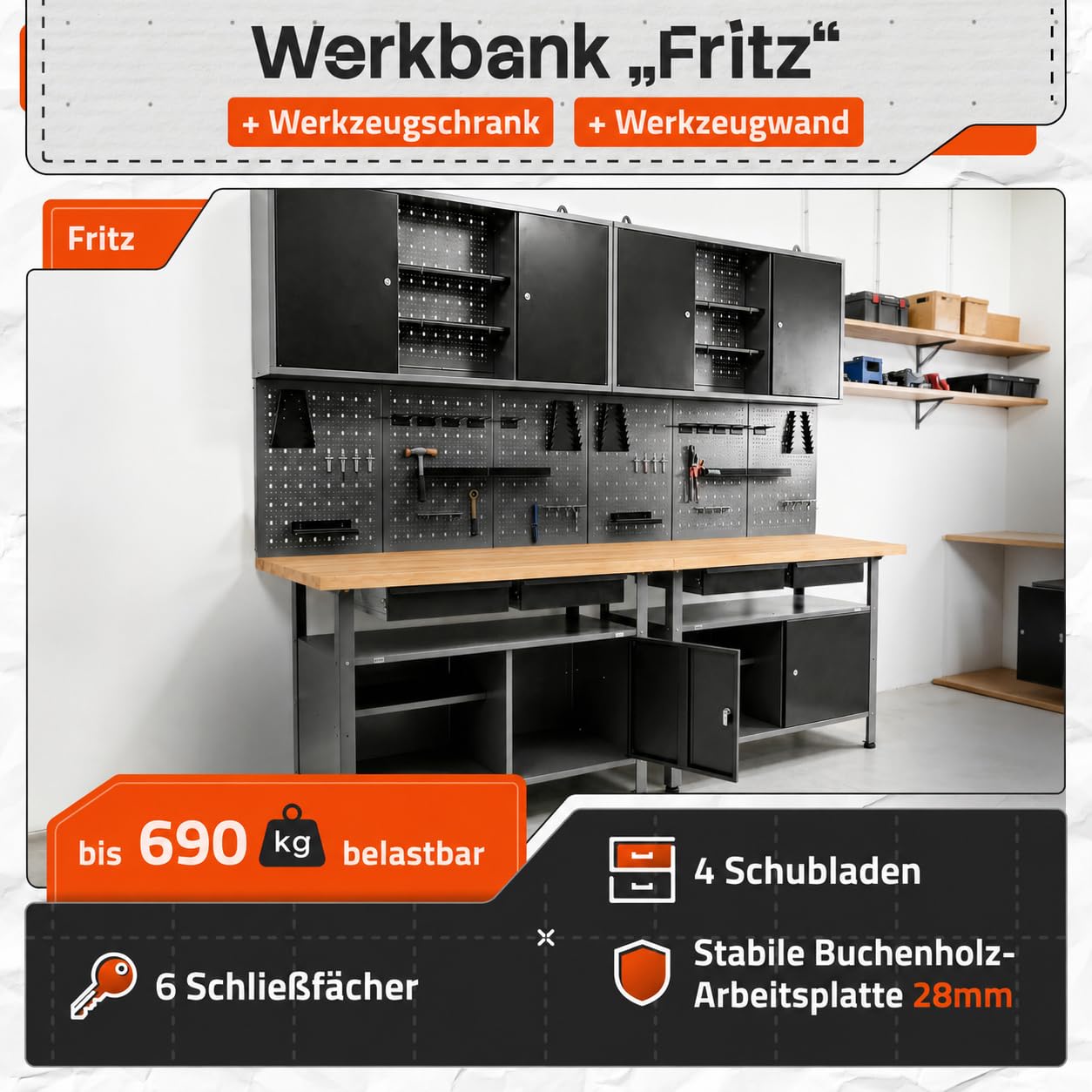 Ondis24 Werkstatteinrichtung Werkstatt Set Werkbank Fritz Hängeschrank Werkzeugwand Metall Schwarz Grau (Hängeschrank Kurt, 240 cm) Buchenholzarbeitsplatte