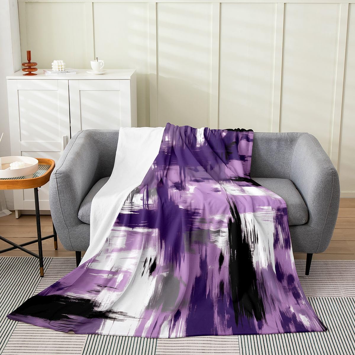 Purple Grey Black White Abstract All Season,Bed Blanket Throw 50"x60" Geometric Plush Throw Blanket, for Sofa Couch Kids Stripe Line Flannel Fleece