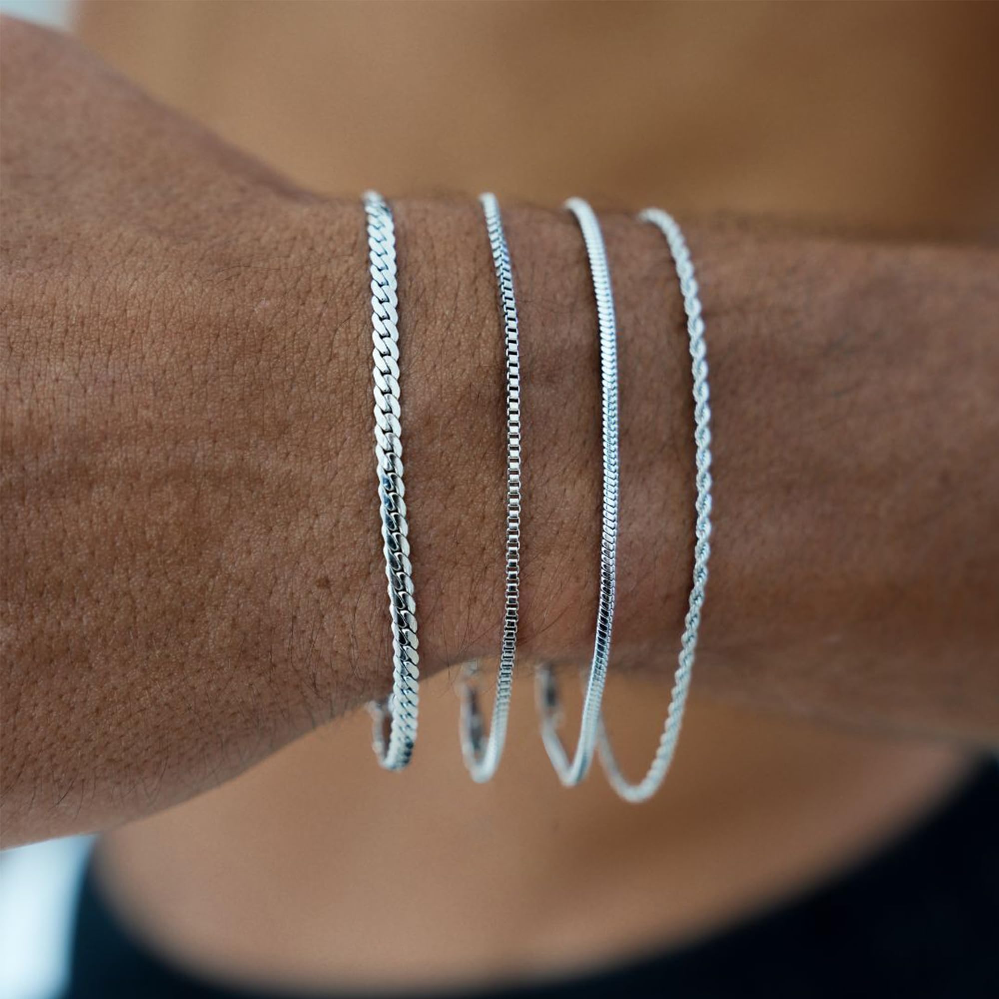 Pulsera de plata para hombres y mujeres, pulsera de acero inoxidable, pulsera de eslabones cubanos apilados, conjuntos de pulseras de cadena de plata, paquete de pulseras de plata para hombre 3