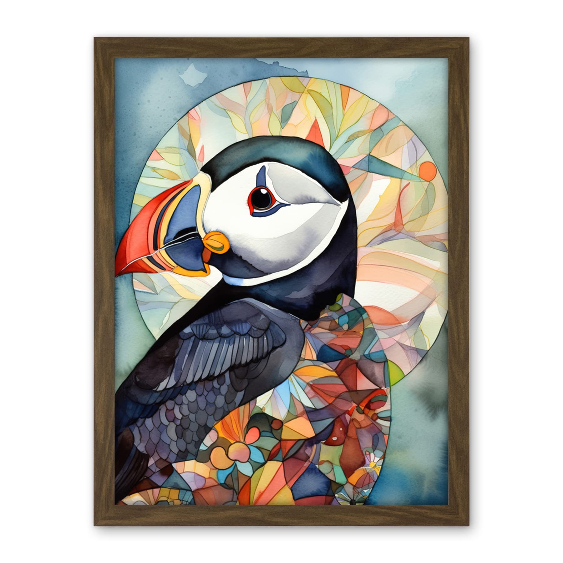 Artery8 Puffin Bird Portrait Folk Art Artwork Framed Wall Art Print 18X24 Inch