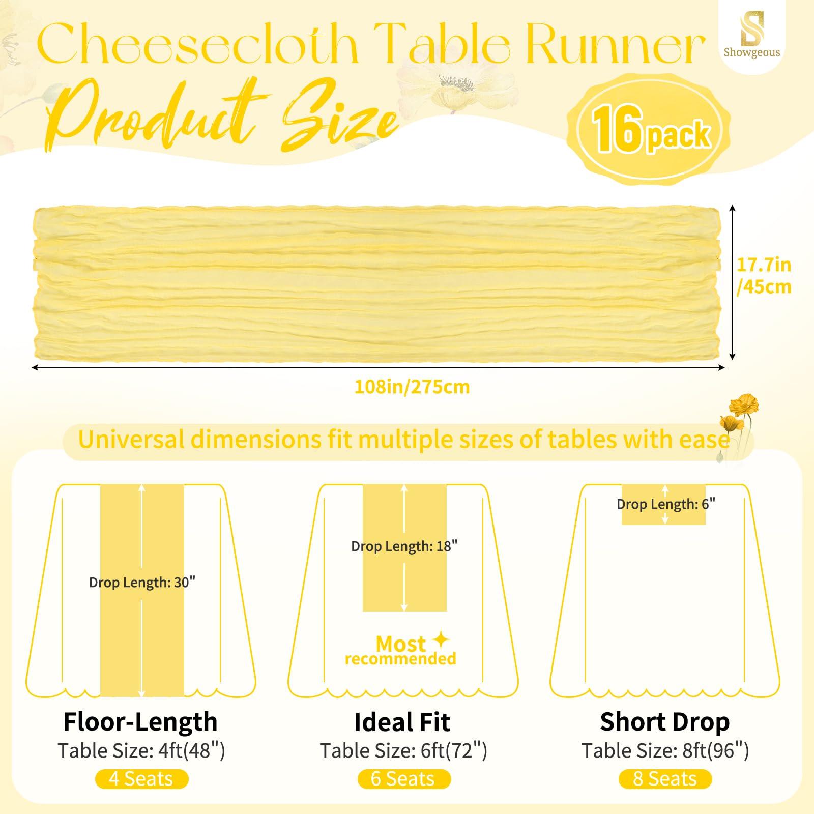 Showgeous Set da 16 Runner da Tavola in Garza Giallo chiaro 45x275cm Runner da Tavola in Garza Stile Boho Romantici e Rustici Decorazioni Trasparenti per Matrimoni Baby Shower Compleanni Feste Casa