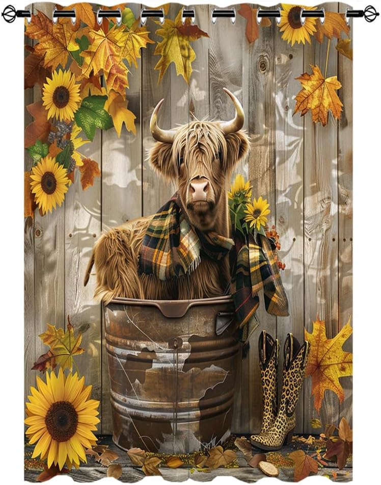 Brebasf Watercolor Rustic Highland Cow Blackout Curtains for Bedroom Room,Vintage Farmhouse Wooden Sunflower Cowboy Boots Highland Cow Darkening Thermal Grommet Window Drapes 2 Panels 63"L x 21"W