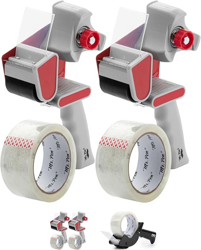 Mr. Pen- Pistola dispensadora de cinta de embalaje resistente, 2 pulgadas | Paquete de 2 con 2 rollos de cinta transparente, pistola de cinta portátil para mudanzas, envíos, sellado de cajas y embalaje