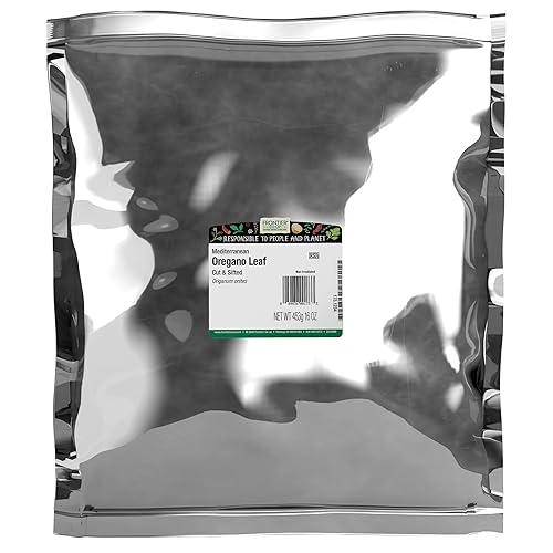 Frontier Co-op Hoja de orégano mediterráneo orgánico, cortada y tamizada, grado elegante, bolsa a granel de 1 libra