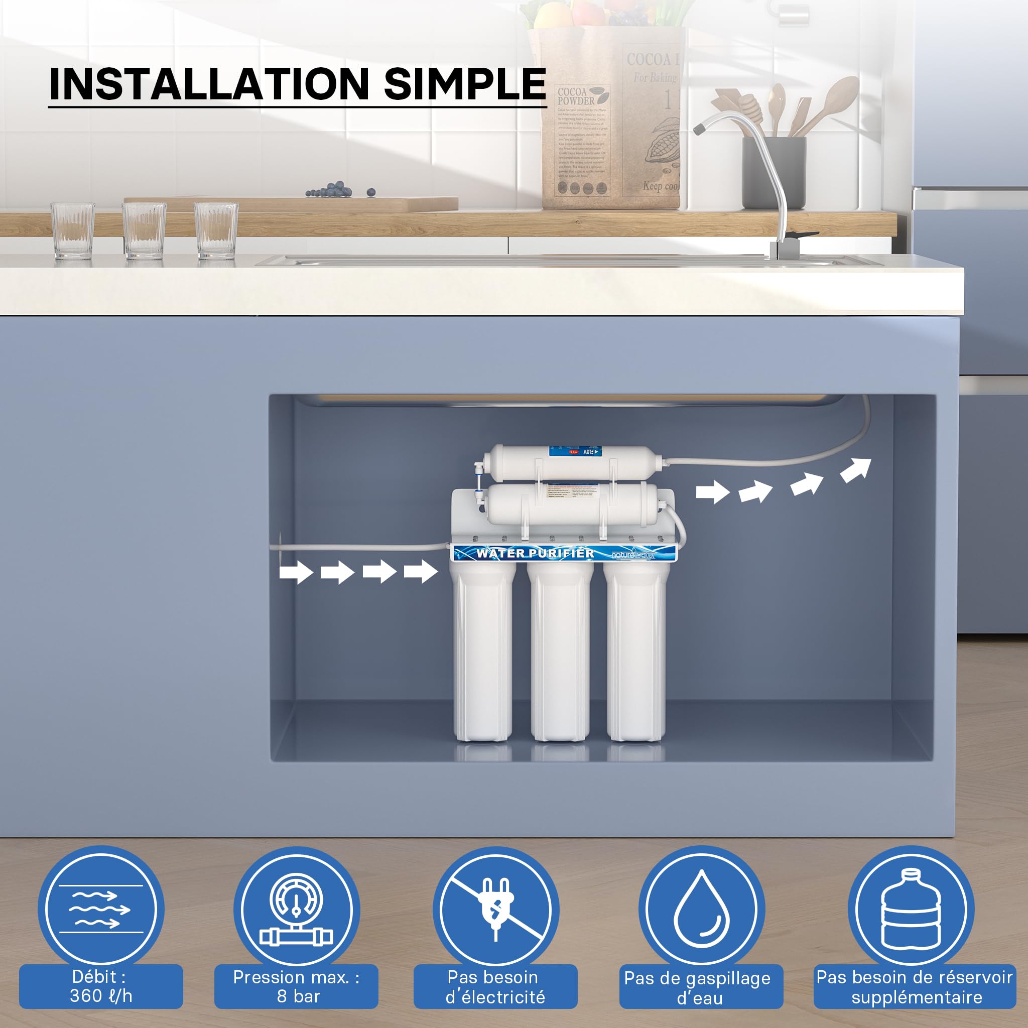 Naturewater NW-PR305 Filtre à eau potable – 410 x 135 x 450 mm – 5 Étapes – 360 L/h – avec Robinet, Vanne 3 voies, Cartouche PP Sédiments, Charbon actif – Filtration Purification Bactéries Pesticides