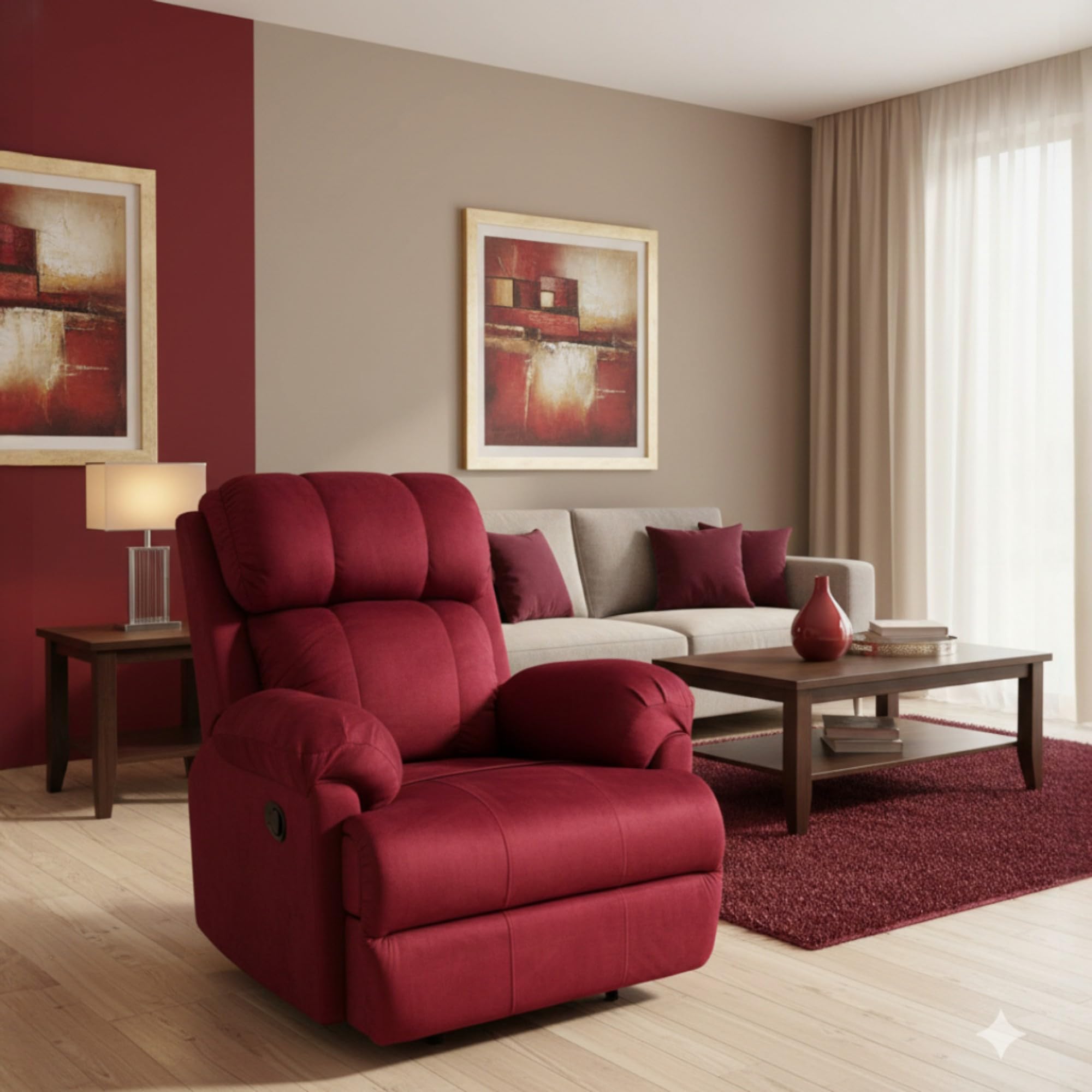 Fabric Livo Recliner Sofa Chair Single Seater for Living Room, Office Manual Push Back Recliner Sofa Chair with Cushioned Armrest & Back Support (Maroon)-image-20