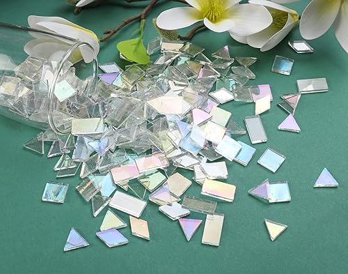 Miniatura 5 de Lanyani Azulejos de mosaico iridiscentes, 200 piezas de azulejos de vidrieras a granel para manualidades de mosaico, surtido de 4 formas,