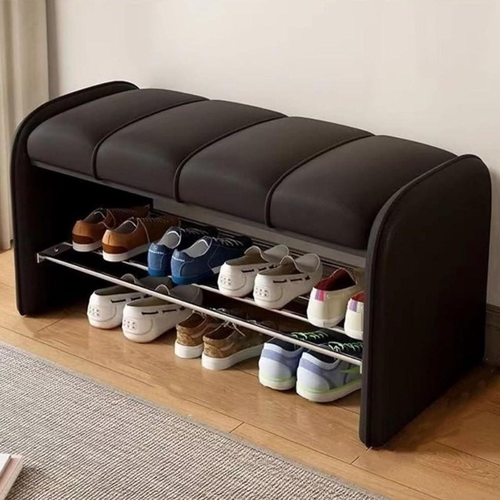 Banc à chaussures 2 niveaux noir 80 cm avec assise rembourrée cuir