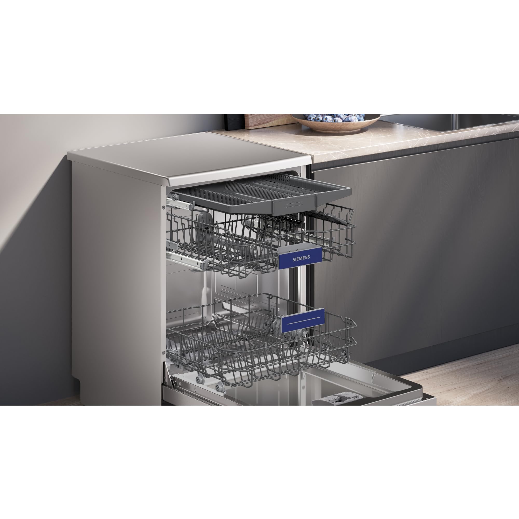 Siemens - Lavavajillas de libre instalación, iQ300, 60 cm, Home Connect, varioSpeed+, autoOpen dry, Acero antihuellas, SN23EI03ME