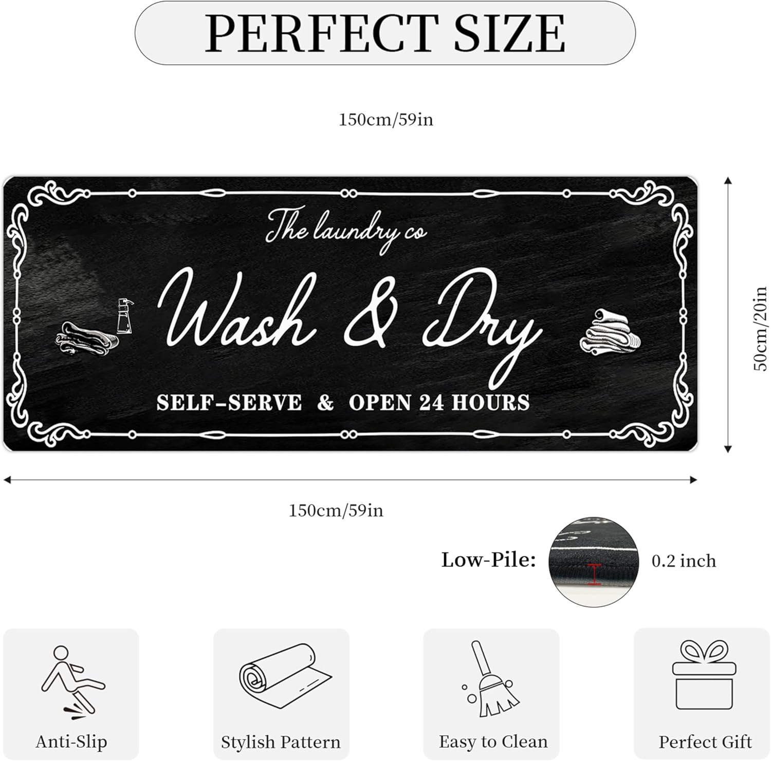 Laundry Room Rug Runner, 20"x59" Non Slip Laundry Mat Organization Washable Floor Carpet Farmhouse Decor for Kitchen Bathroom Mudroom Washroom Black