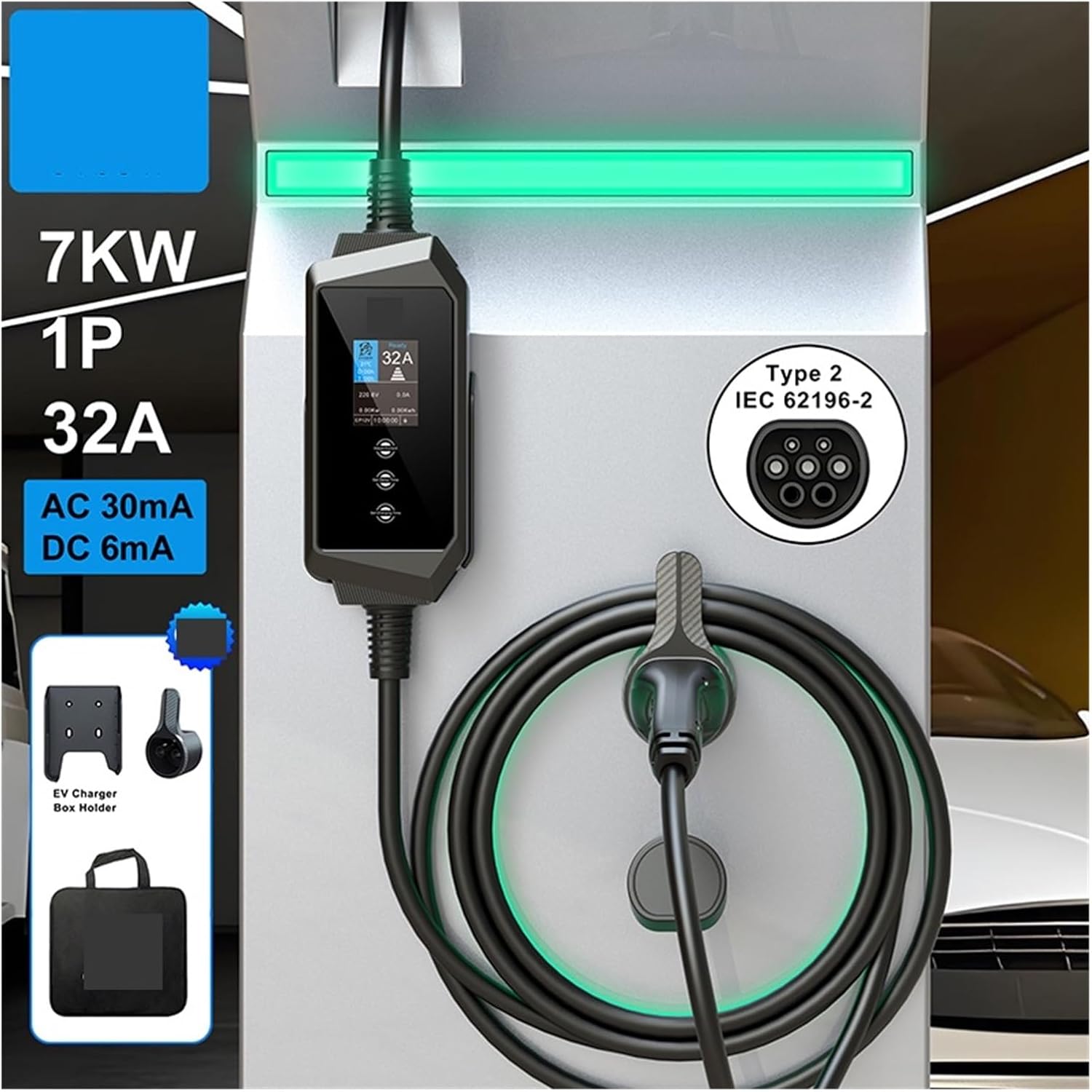 Portable EV charger mounted on a wall next to an EV charging station, showing the Type 2 connector.