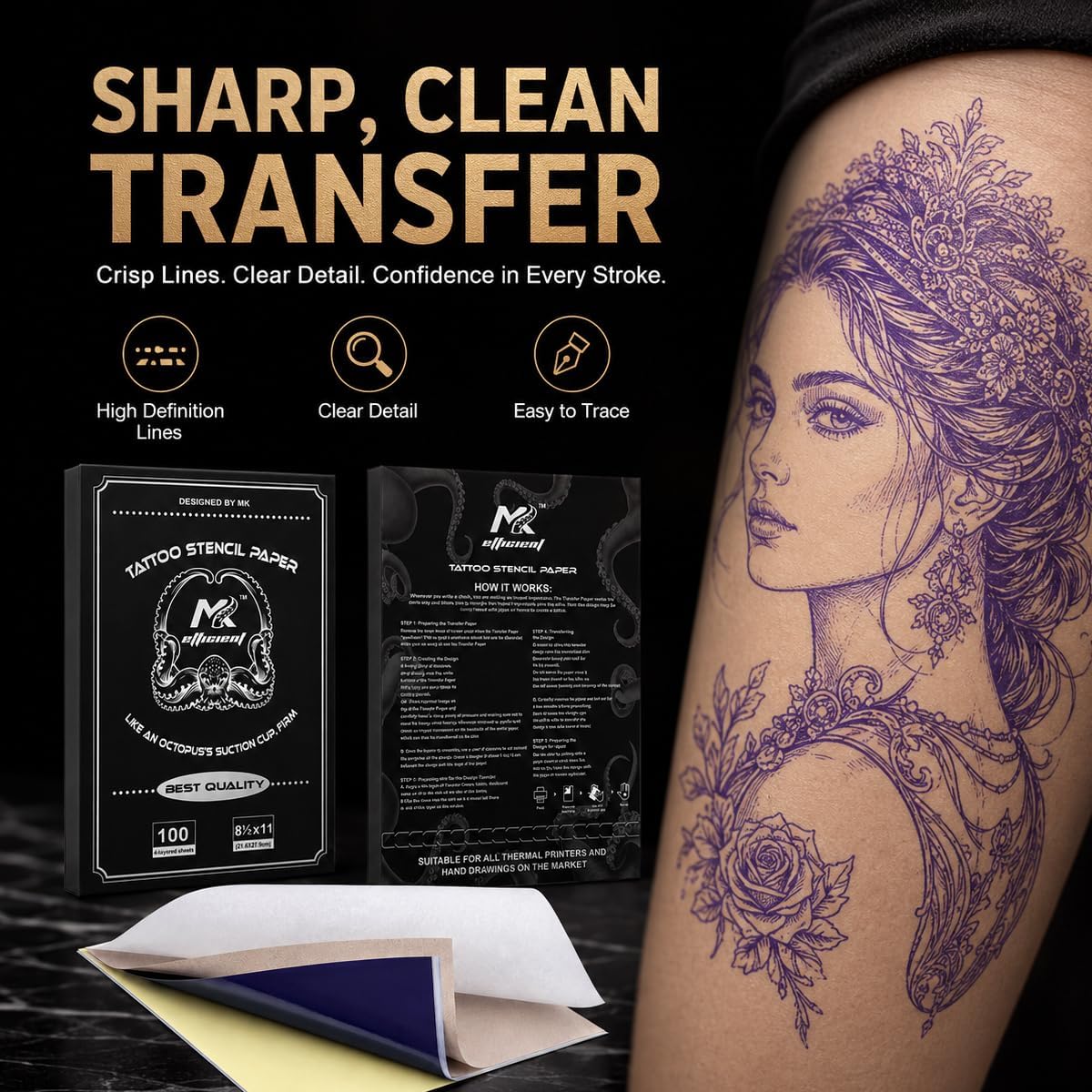 Tattoo Stencil Paper 100 Sheets, A4 4-Layer Thermal Transfer Sheets for Tattooing, Premium Carbon Tracing Supplies