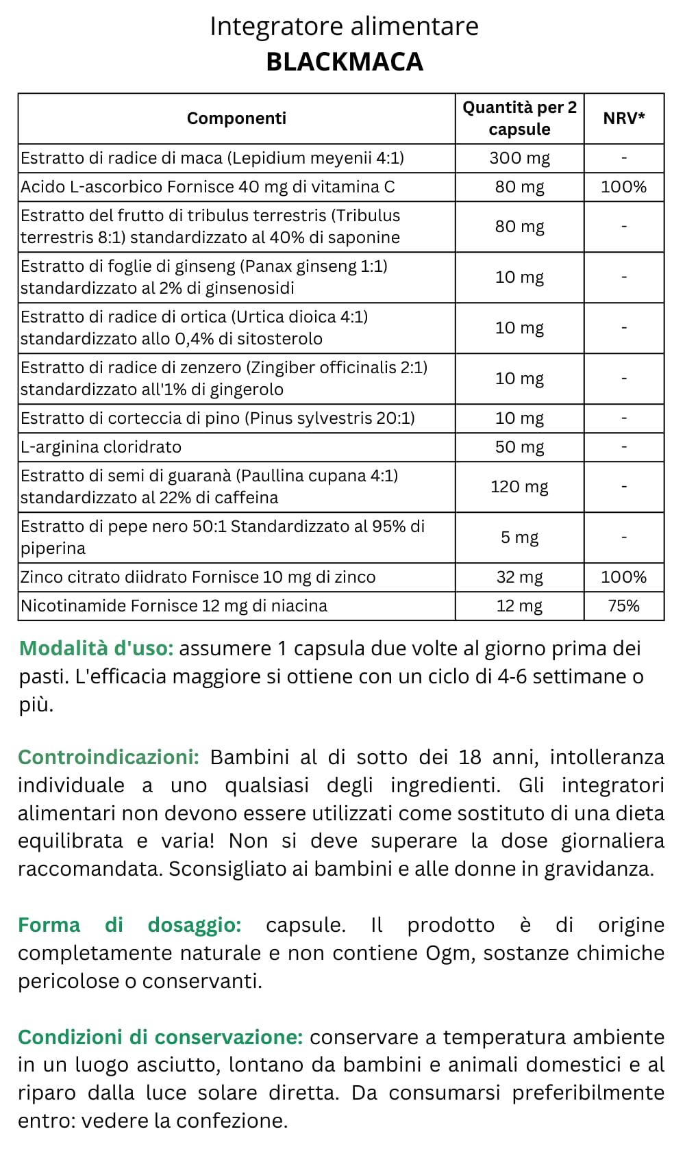 BLACKMACA PREMIUM - Maca Peruviana Nera + Tribulus Terrestris + Arginina + Zinco | 30 Capsule
