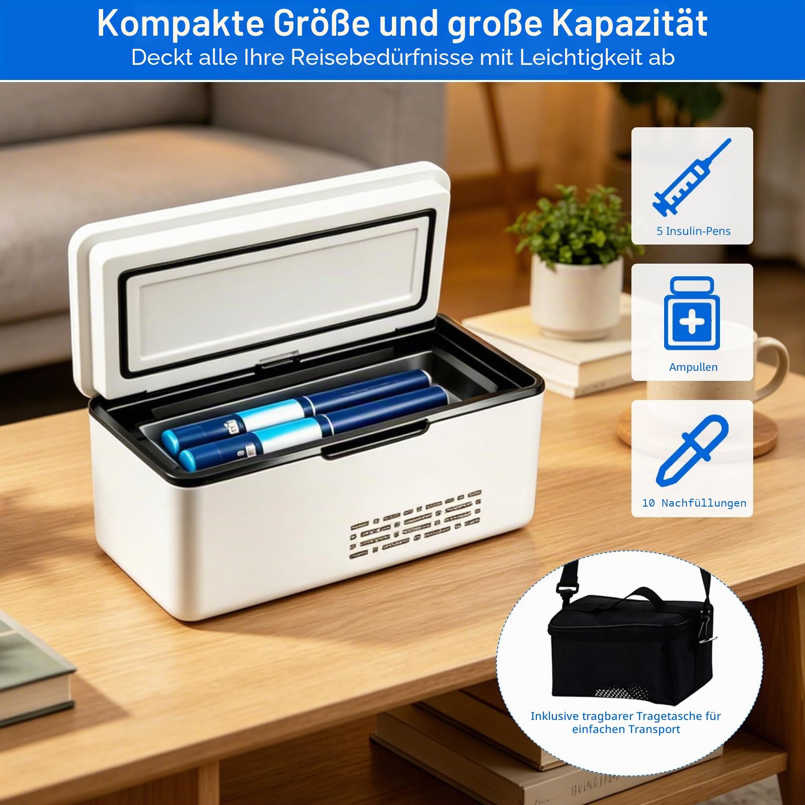 Tragbare Insulin Kühlbox, 2–8 °C aktiver Kühlung, Medizin kühlschrank mit 2×10200 mAh Akku und Tragetasche, Intelligente Akku-Warnung, Insulin Kühltasche für Zuhause, Auto & Reisen