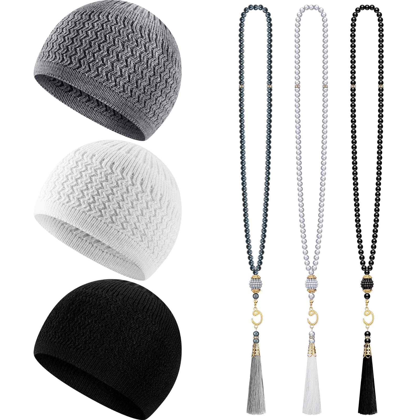 6 Pieces Kufi Hats for Men Muslim and Muslim Prayer Beads Set Include 3 Handicraft Knitted Muslim Hat Stretchy Taqiyah Cap and 3 Muslim Tasbih 99 Beads Muslim Ramadan Gifts, Multicolor/White,