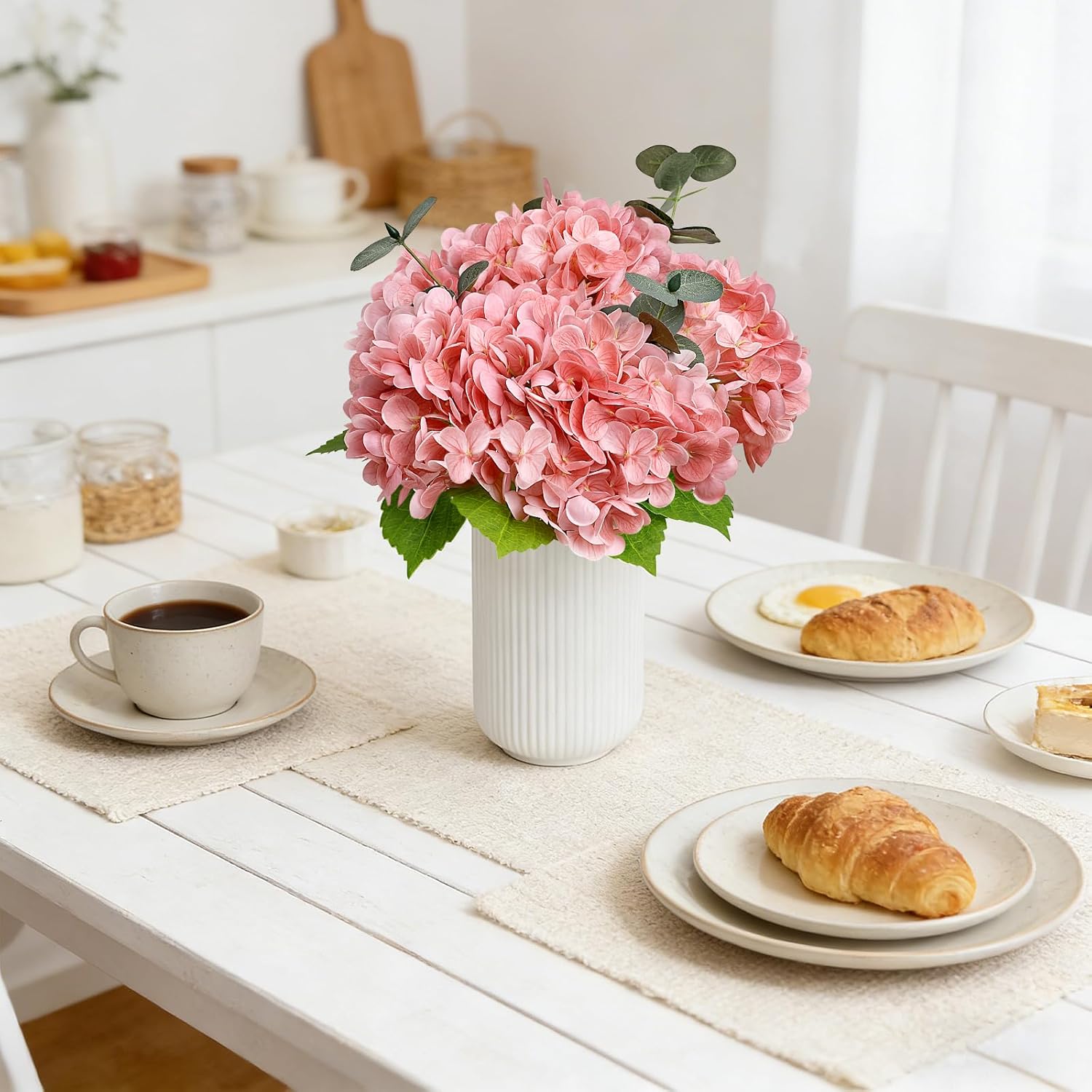 Fake Flowers in Vase - Hydrangea Artificial in Ceramic Vase with Eucalyptus Realistic Floral Arrangement for Living Room Kitchen Bathroom Bookshelf Entryway Table Decor - Pink