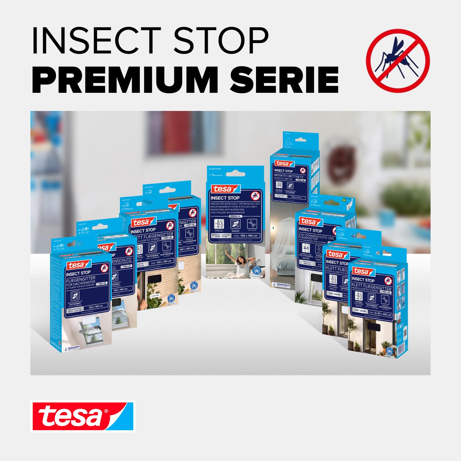 tesa Insect Stop Klett Fliegengitter Premium für Fenster, Insektenschutz mit starkem Klettband, rückstandsfrei entfernbar, zuschneidbar, ohne Bohren - 3X 125 cm x 245 cm - Anthrazit (Durchsichtig)