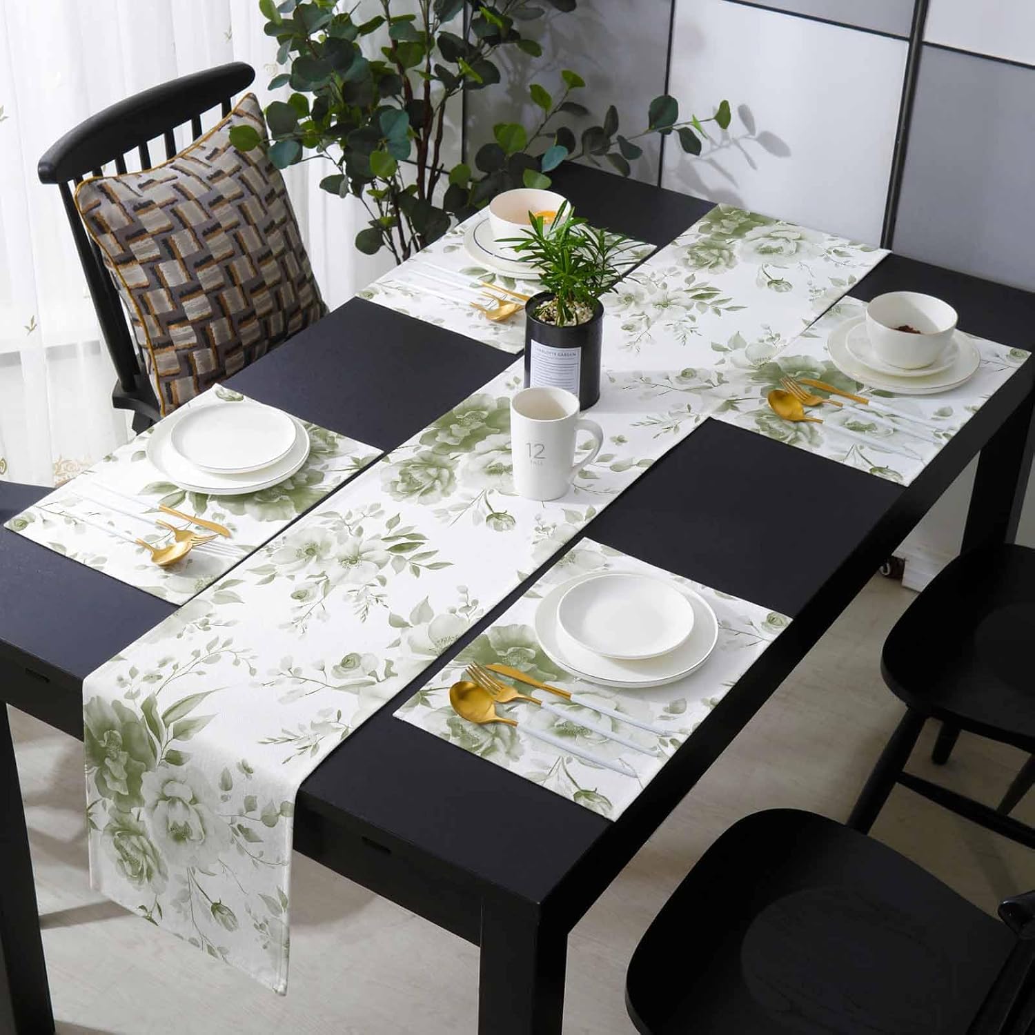 Sage Green Leaves Placemat with Matching Table Runner Linen Burlap Polyester Table Mat Top Set Coffee Mat,6PCS Place Mats + 13"x70" Runner for Kitchen Dinner Party Botanical Watercolor Floral Plant