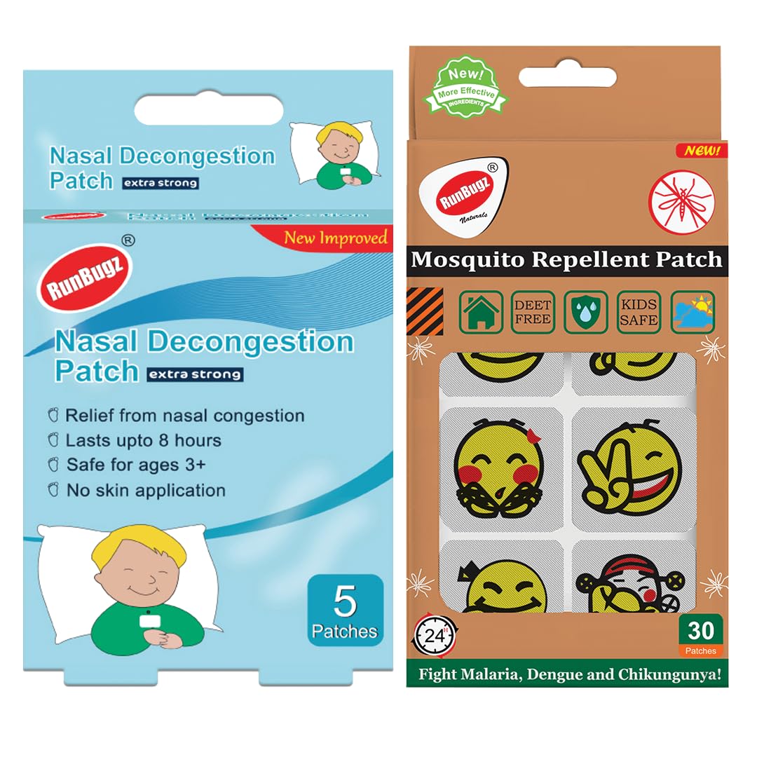 Runbugz Nasal Decongestion Vapour Patches & Mosquito Repellent Smiley Patches for Baby's & Kid's Combo Pack Quick Relief from Runny Nose,Nasal Congestion & Mosquito - 5 Vapour Patches & 30 Mosquito Patches