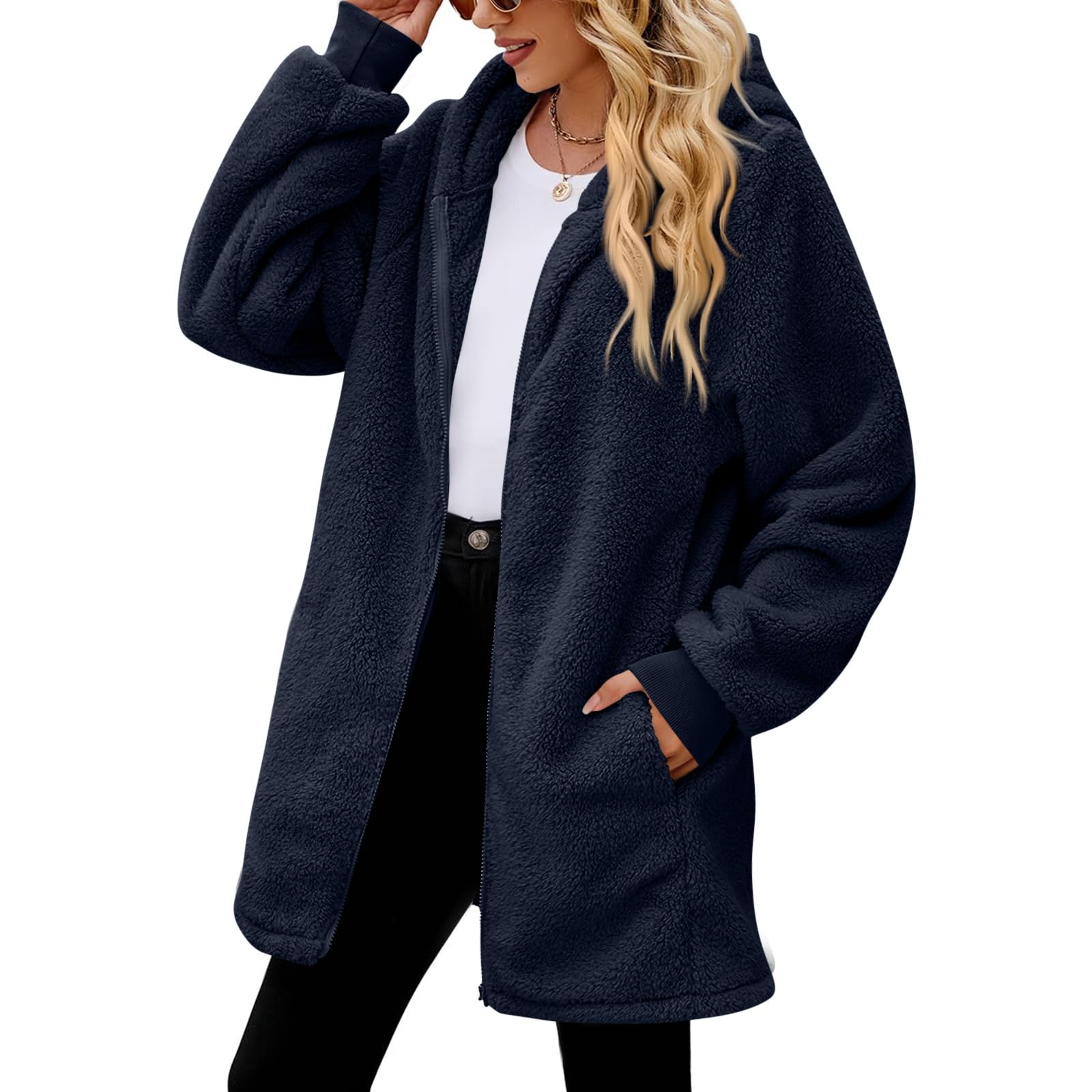 Generisch Fleecejacke Damen Mit Kapuze Winterjacke Damen Warm Teddyjacke